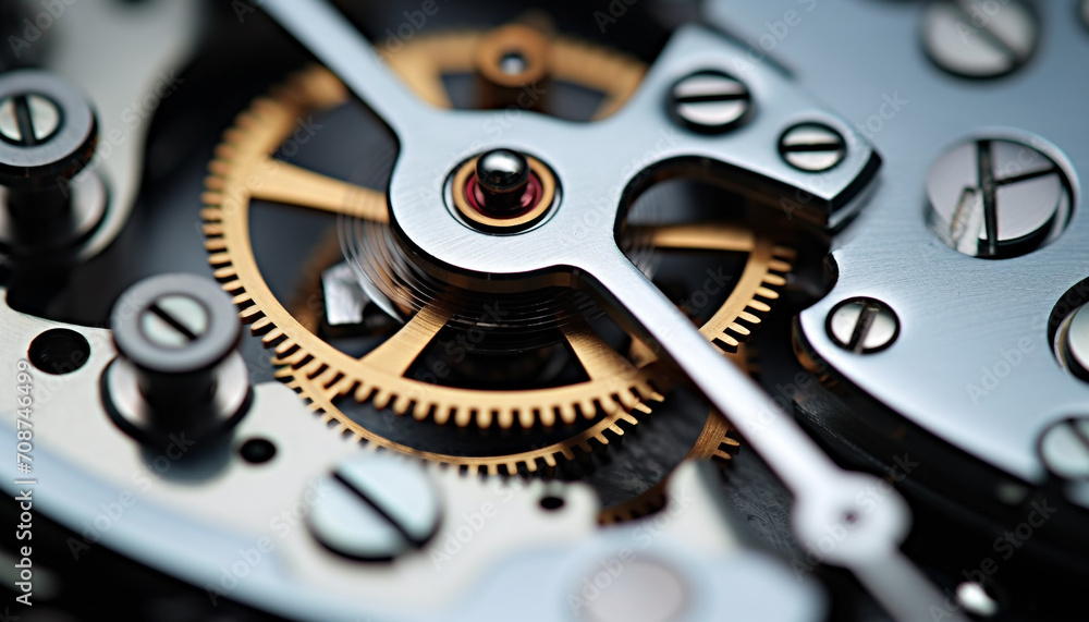 Close up of a wristwatch metal machinery in motion generated by AI