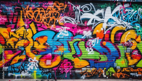 Graffiti mural paints vibrant city life on dirty surrounding walls generated by AI