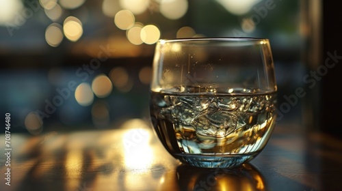  a close up of a glass of water on a table with a blurry background of boke of light coming from the top of the glass and bottom of the glass.