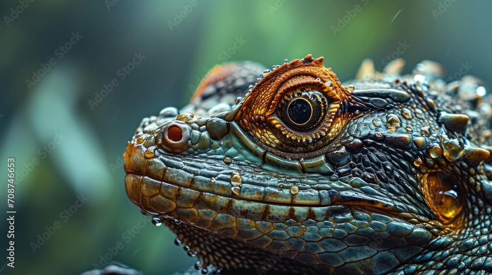 Fototapeta premium a close up of a lizard's face with drops of water on it's face and a blurry background of leaves and branches in the foreground.