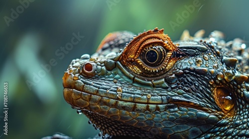  a close up of a lizard s face with drops of water on it s face and a blurry background of leaves and branches in the foreground.