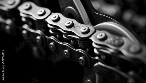 Metallic bicycle chain in close up, spinning with speed generated by AI photo