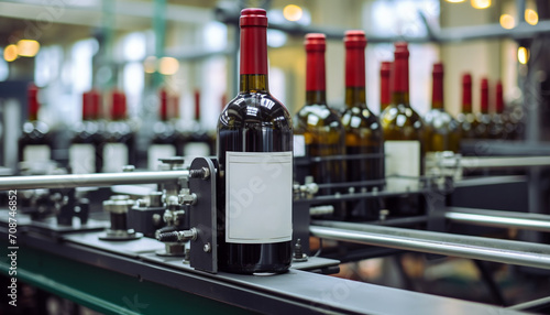Bottling plant fills wine bottles in a row generated by AI