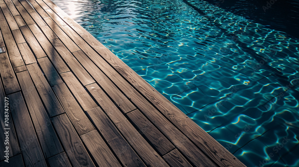 Obraz premium Swimming pool with sun reflections and wooden deck. Toned.