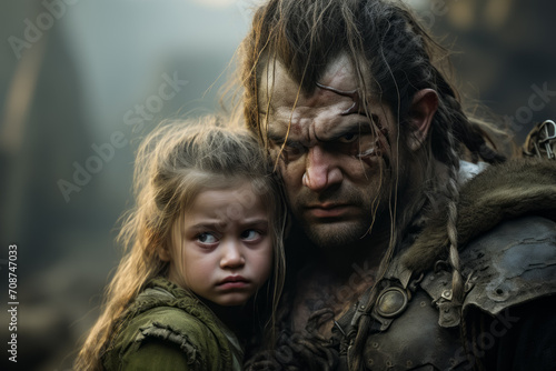 A barbarian warrior with a fierce look protects a little girl