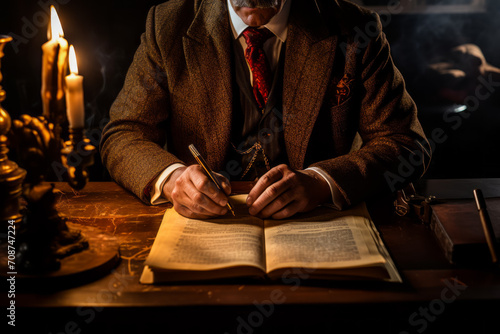 A respectable man in a suit writes in a book by candlelight