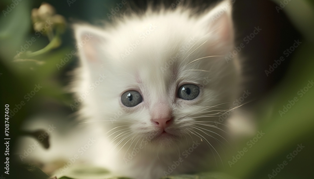 Cute domestic cat sitting outdoors, staring with blue eyes generated by AI