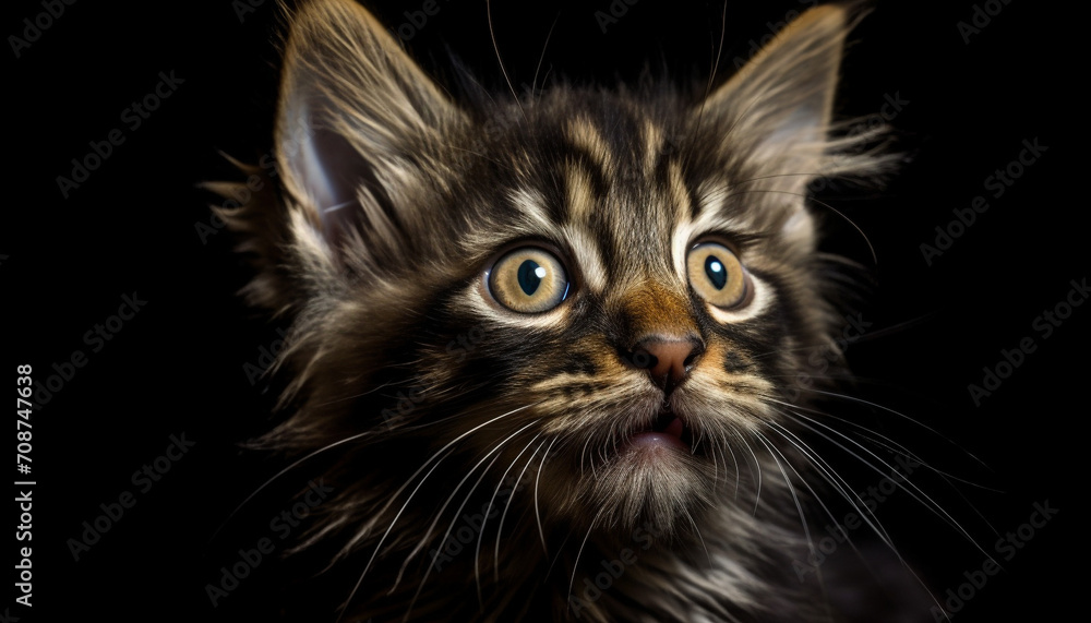 Cute kitten with fluffy fur, staring at camera, image generated by AI Cute kitten with fluffy fur, staring at camera, image generated by AI