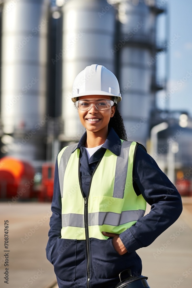 Portrait of smiling female engineer wearing hard hat and safety glasses at industrial site Portrait of smiling female engineer wearing hard hat and safety glasses at industrial site