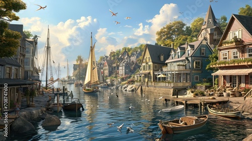  a painting of a harbor with boats, houses, and seagulls in the foreground and seagulls flying over the water and houses on the other side of the water.