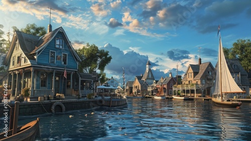  a large body of water with a boat in the middle of it and a row of houses on the other side of the water with a cloudy sky in the background.
