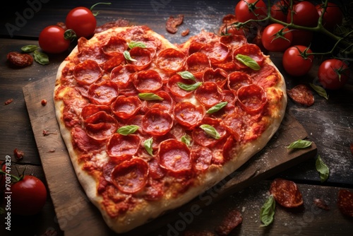 homemade heart shaped pepperoni pizza for valentines day date dinner photo