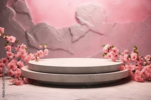 minimal pink marble natural stone scenic podium with cherry blossoms. Cosmetics, product photography template with copy space mock up.
