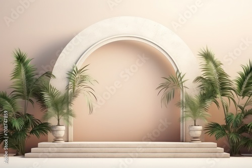 minimal scenic gypsum mineral arch frame natural stone podium with green palm tree tropical leaves 