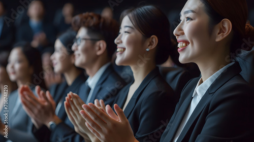A group of Asian businesspeople applauded the speaker, they wore elegant suits and smiled, with the seminar attendees in the background. Front view. photo