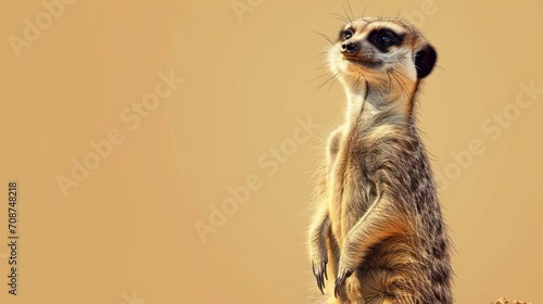  a meerkat standing on its hind legs with its front paws up in the air, looking up at something in the distance, on a light colored background.