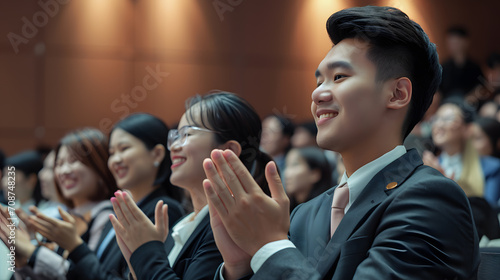 A group of Asian businesspeople applauded the speaker, they wore elegant suits and smiled, with the seminar attendees in the background. Front view.