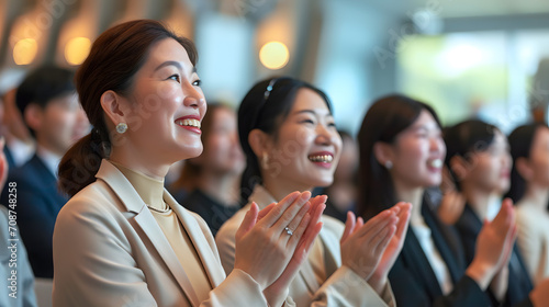A group of Asian businesspeople applauded the speaker, they wore elegant suits and smiled, with the seminar attendees in the background. Front view. © Nawarit