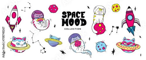 Set of cartoon kids space and galaxy, cat astronauts, kitten planets and rockets. Cheerful childish stickers cats  planets, spaceships and flying comet