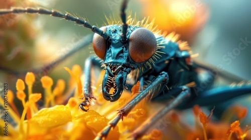  a close up of a blue insect on a yellow flower with other yellow flowers in the background and a blurry image of a bug in the middle of the picture.