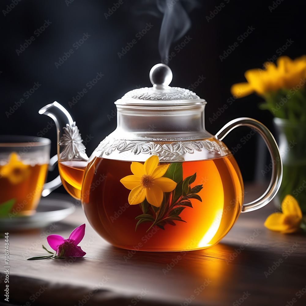 freshly made hot floral tea in glass kettle on the table, angled shot, midday warm freshly made hot floral tea in glass kettle on the table, angled shot, midday warm