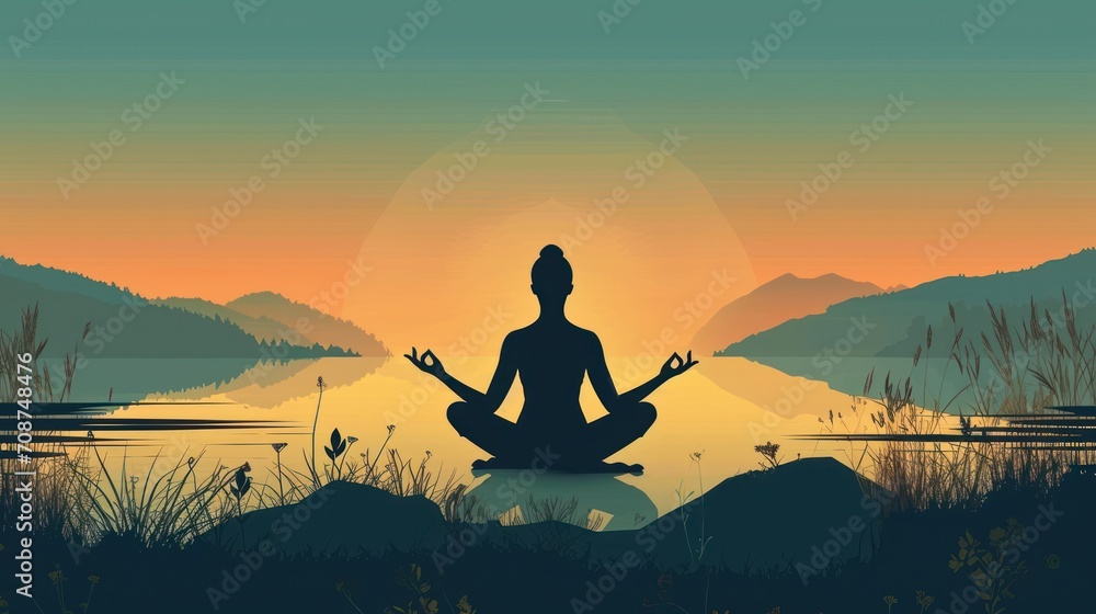  a silhouette of a person sitting in a lotus position in front of a body of water with a mountain range in the background and a setting sun in the sky.