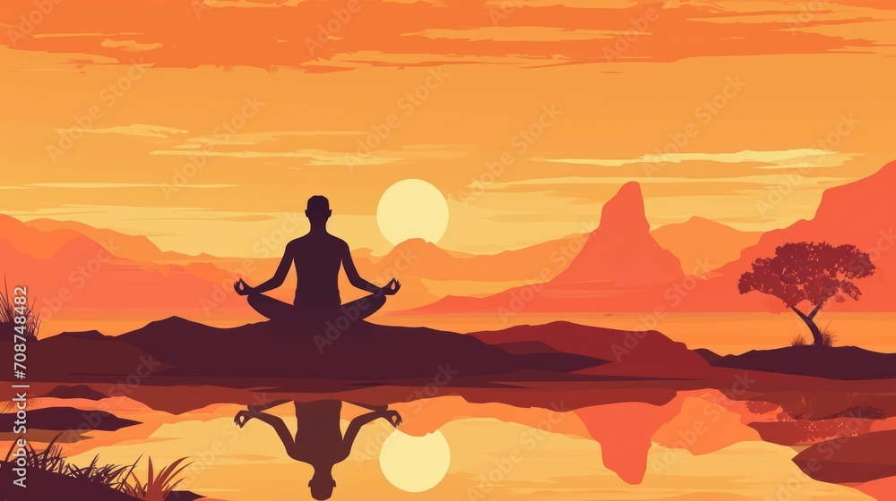  a person sitting in a lotus position in front of a body of water with mountains in the background and a tree in the foreground with a sunset in the background.