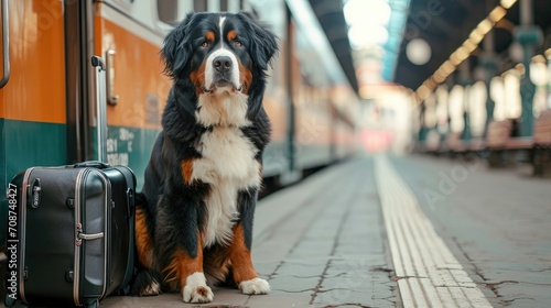 Photo The Bernese Mountain Dog sits by a suitcase on the platform of the railway station. Traveling with a pet. photo