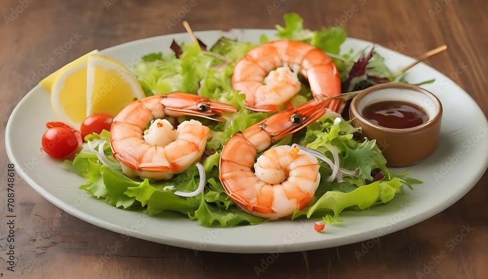 Delicious roasted shrimps on skewers with sauce and lemon, Grilled prawn salad fresh healthy and gourmet Delicious roasted shrimps on skewers with sauce and lemon, Grilled prawn salad fresh healthy and gourmet
