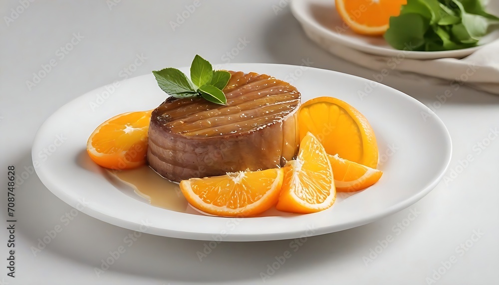 Duck à l'Orange served on a white plate with orange slices and a garnish