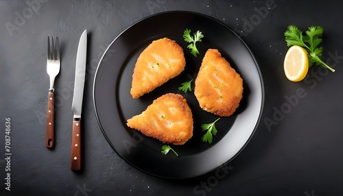 Fried chicken cutlets on black plate, top view
