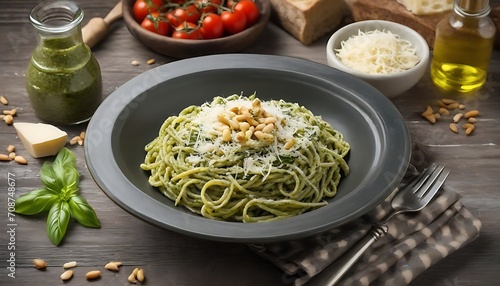 Fussili pasta with basil pesto sauce, parmesan cheese and pine nuts. Traditional Italian food.