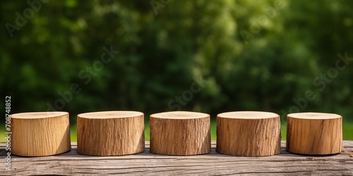 5 Stump wooden tree slice trunk on forest nature backgrounds, natural product display stage © BackgroundHolic
