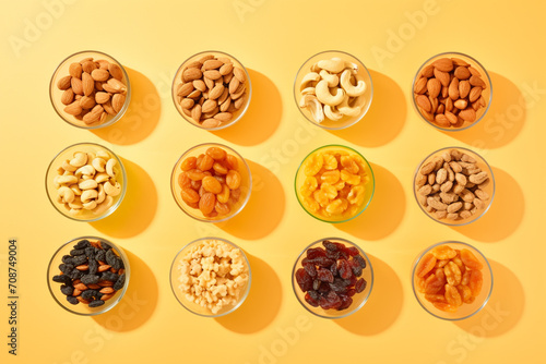 Top view of mixed nuts and dried fruits on a light yellow background. Glass bowls with peanuts, cashews, hazelnuts, almonds, pumpkin seeds, raisins, dried apricots. Healthy nutrition concept © Alicia