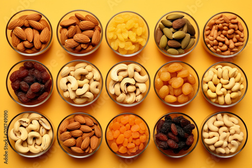 Top view of mixed nuts and dried fruits on a light yellow background. Glass bowls with peanuts, cashews, hazelnuts, almonds, pumpkin seeds, raisins, dried apricots. Healthy nutrition concept