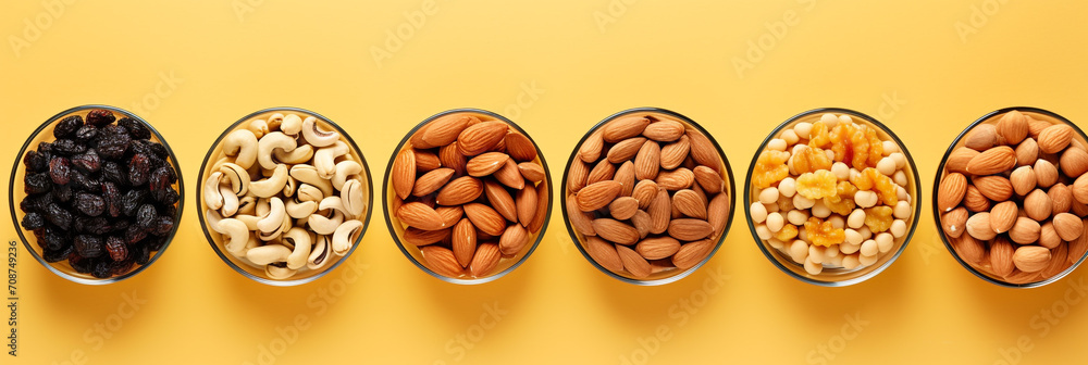Top view of mixed nuts and dried fruits on a light yellow background. Glass bowls with peanuts, cashews, hazelnuts, almonds, pumpkin seeds, raisins, dried apricots. Healthy nutrition concept