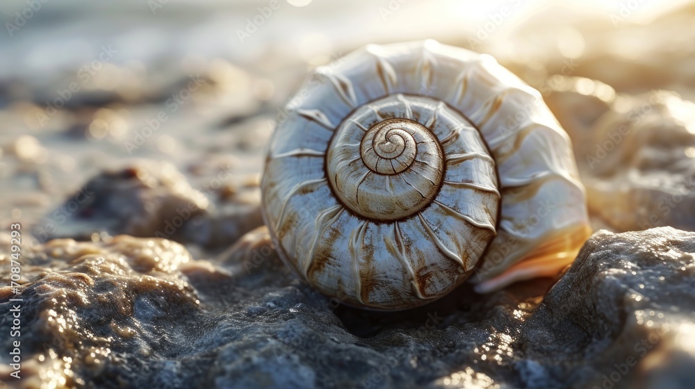a close up of a sea shell on a rocky beach with the sun shining in the background and a blurry image of rocks and water in the foreground. a close up of a sea shell on a rocky beach with the sun shining in the background and a blurry image of rocks and water in the foreground.