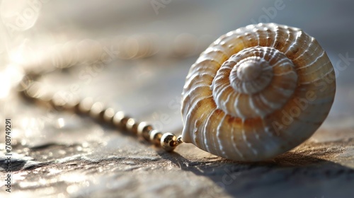  a close up of a sea shell on a beaded necklace on a wooden surface with sunlight shining on the beads and a blurry background of boke of light.