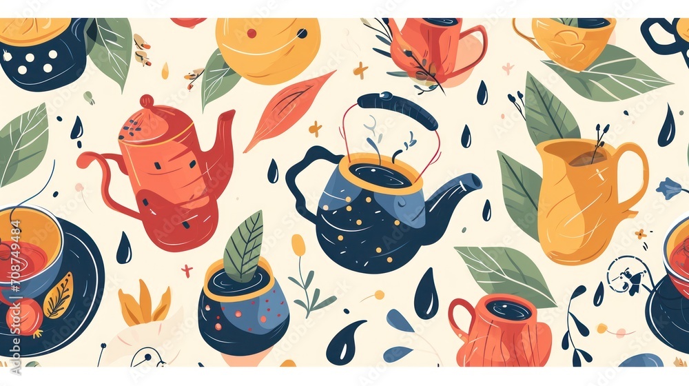 a variety of teapots with leaves and flowers on a white background with blue, red, orange, and green leaves on the sides of the teapots. a variety of teapots with leaves and flowers on a white background with blue, red, orange, and green leaves on the sides of the teapots.