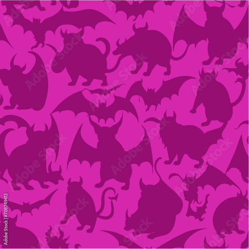 Seamless pattern with rats with wings and horns