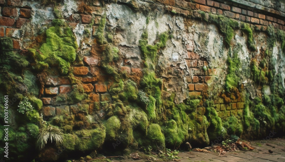 Ancient stone wall covered in green moss and overgrown plants generated by AI
