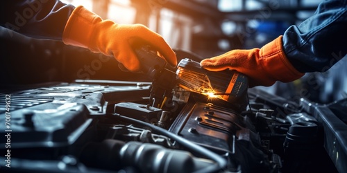 Two mechanics fixing a car engine
