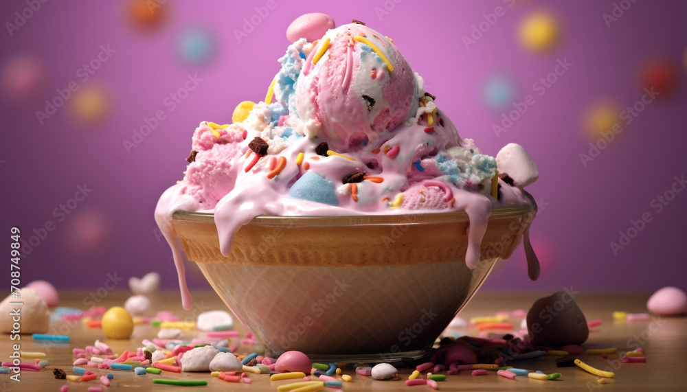 Multi colored ice cream sundae on a pink background, indulgence personified generated by AI Multi colored ice cream sundae on a pink background, indulgence personified generated by AI