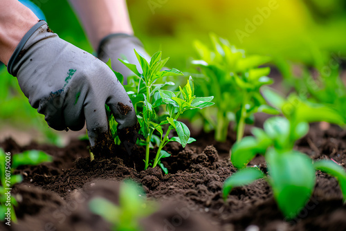A farmer or gardener diligently planting young plants into the soil, symbolizing the onset of spring and the start of garden work.