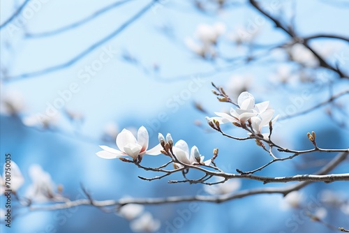 White magnolia flower isolated on dreamy bokeh background with spacious text placement on left side