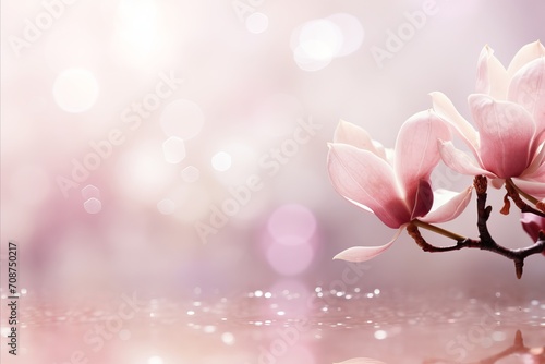 Pink magnolia blossom on isolated magical bokeh background with copy space for text placement © Ilja