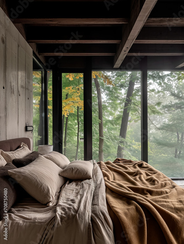 Photo of modern brutalist bedroom in woods, dark wood, glass, concrete accents, warm light, amid tall trees, foggy morning.   © Uliana