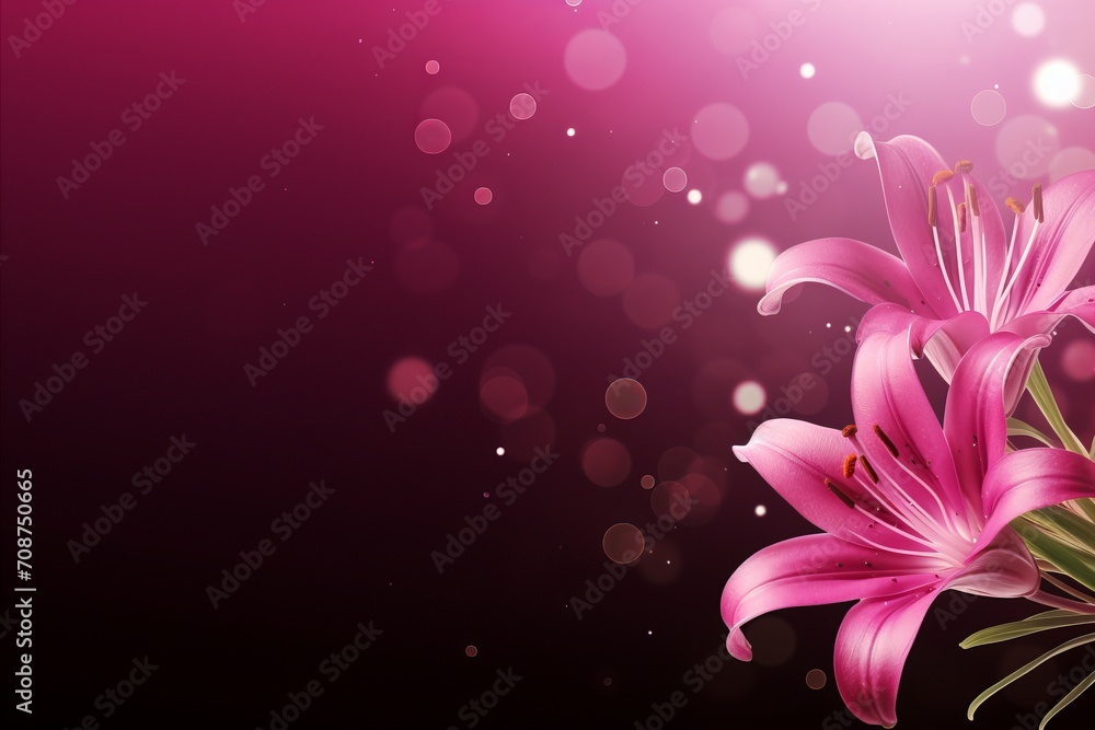 Beautiful pink lily blossom on isolated magical bokeh background with copy space for text placement