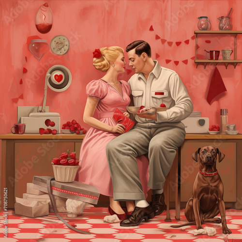 Valentine's day themed illustration inspired by Normann Rockwell's paintings, couple, pink, heart photo