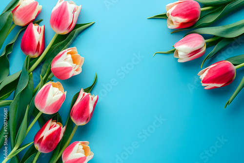 Top view of spring tulip flowers arranged on a blue background in flat lay style, creating a vibrant and festive greeting for Women's Day, Mother's Day, or a Spring Sale banner. #708750681